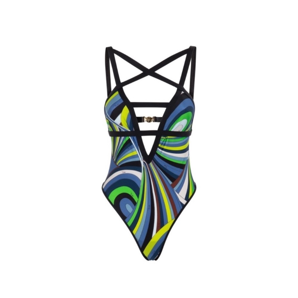 Emilio Pucci Blue and Green One Piece Swimsuit with Strappy Back